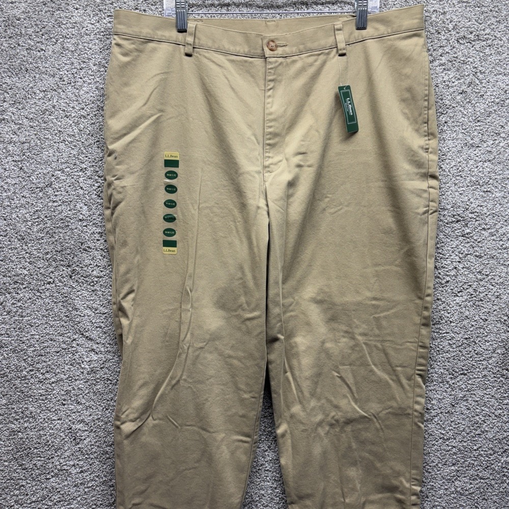 LL Bean Chinos Men 34x34 Khaki Natural Fit Flannel Lined Plaid 162385 Flat Front